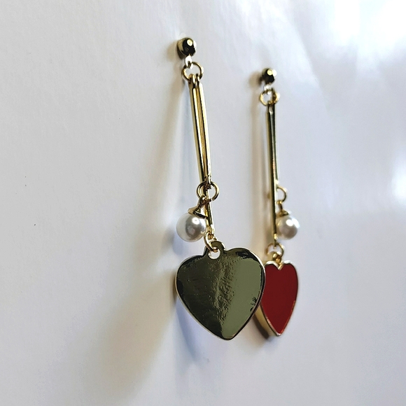 Gold Red Heart Pearl Long Dangle Earrings - Picture 4 of 6